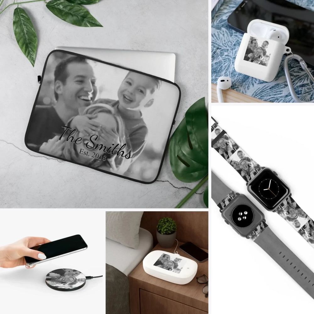 Custom Black and White Photo Tech Accessories - Laptop Sleeve, Watch Band, Phone Grip, AirPod Case, Charger & UV Sanitizer - ARTFULANE