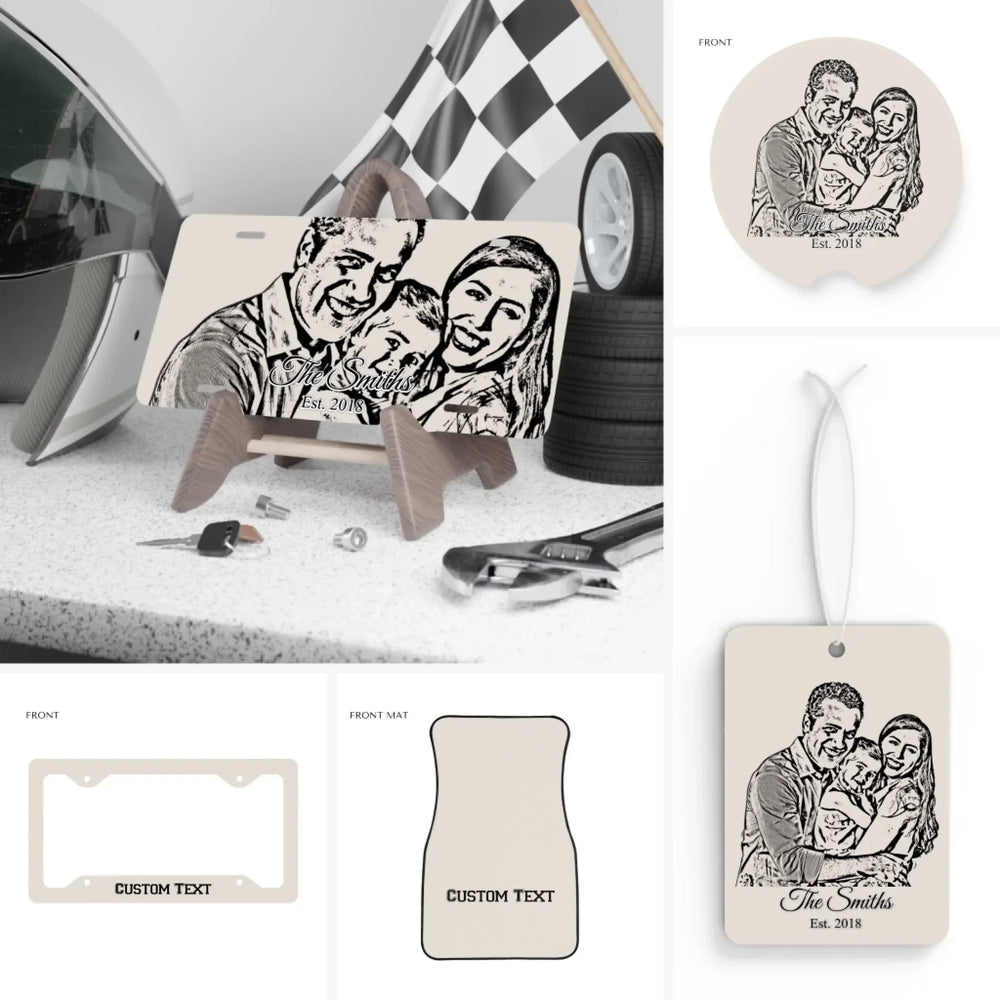 Custom Photo Sketch Car Accessories - License Plate & Frame, Magnets, Bumper Stickers, Air Freshener, Coaster, & Floor Mats - ARTFULANE