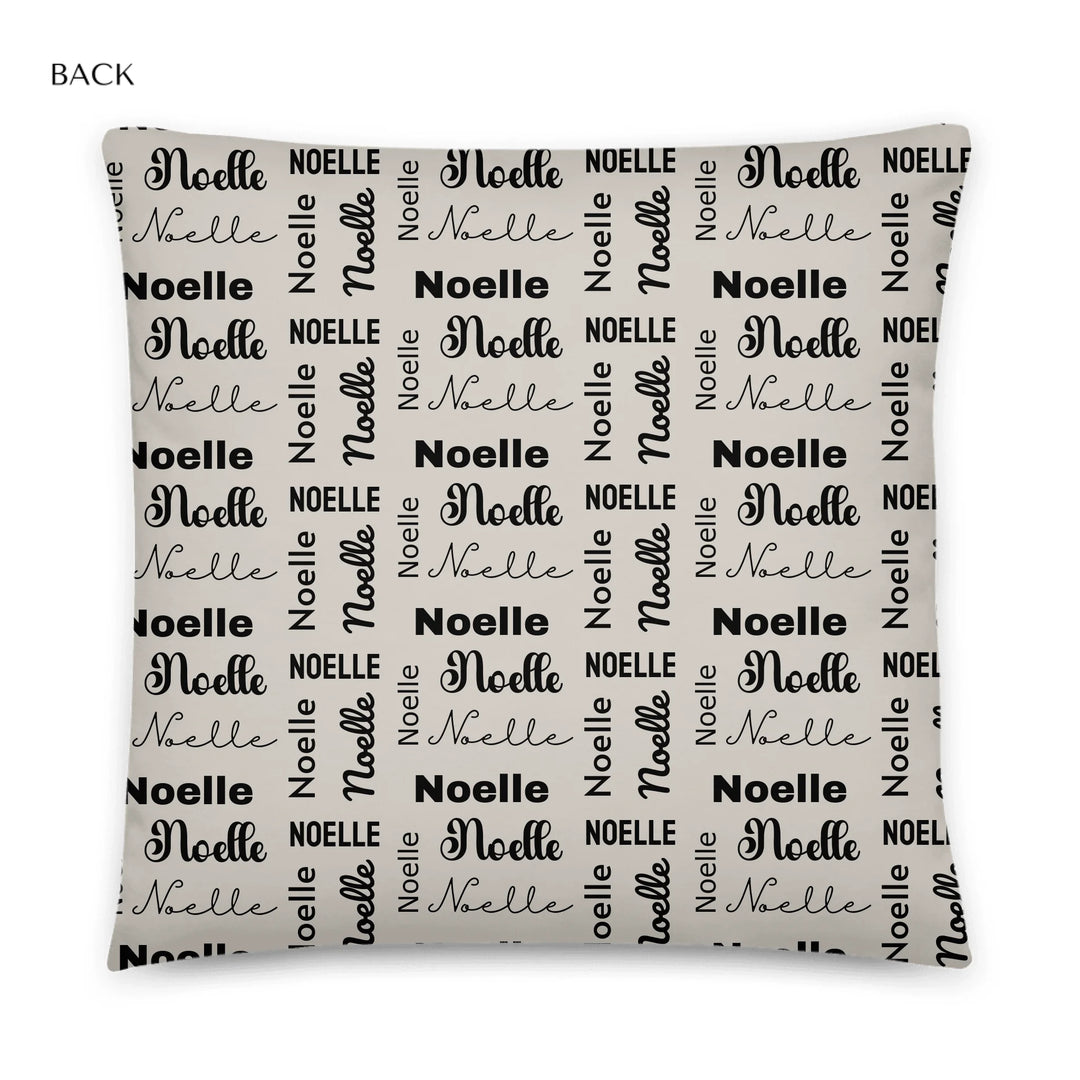 Custom repeating name pillow in black text on beige background — personalized home décor accent with adjustable text color and style-ARTFULANE