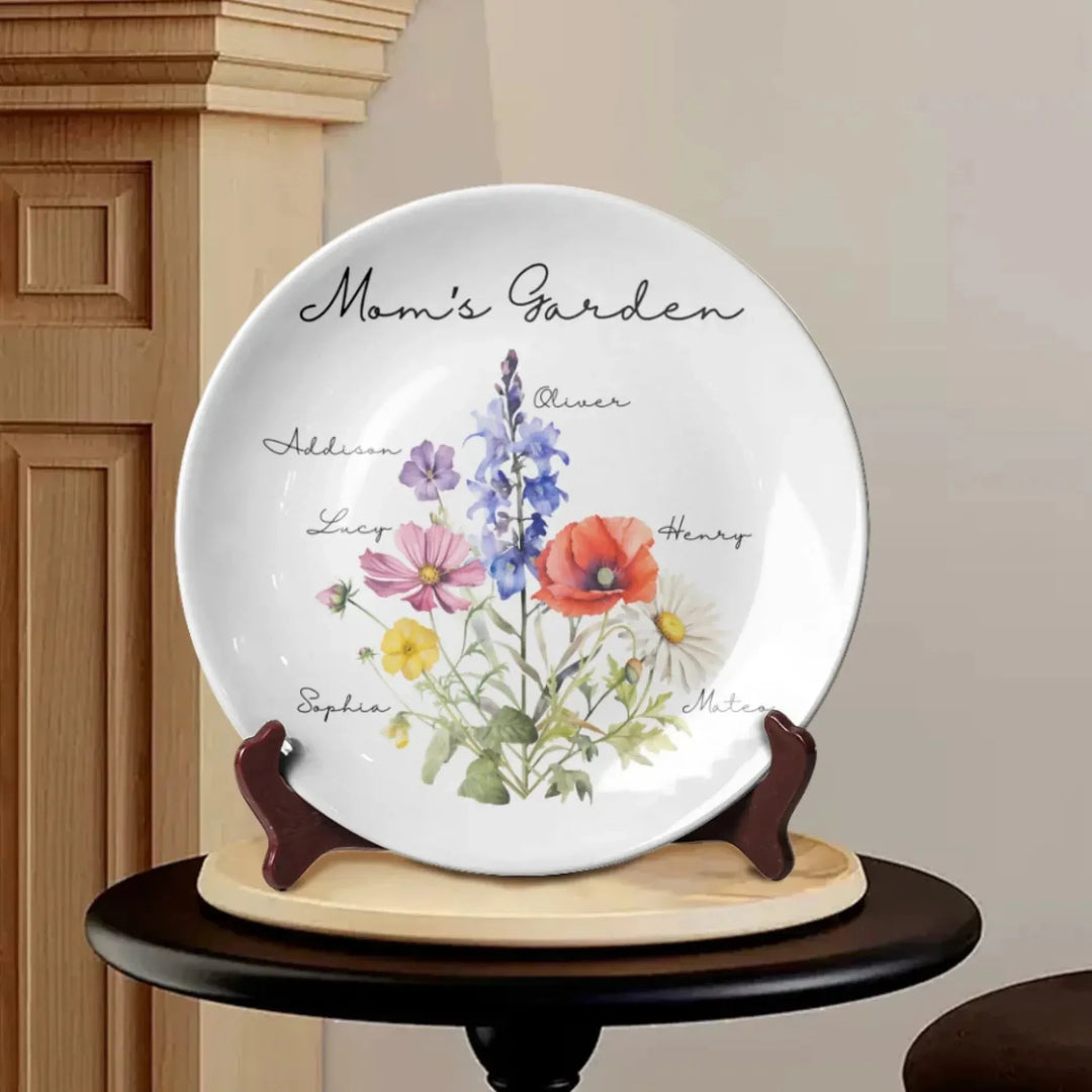 Custom-Birth-Flower-Bouquet-Ceramic-Round-Plate-with-Stand-front-view-artfulane