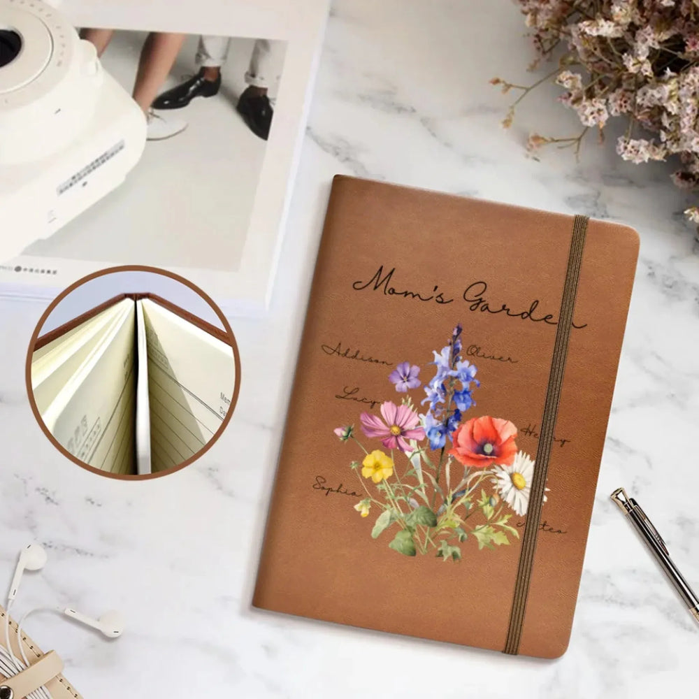 Custom-Birth-Flower-Bouquet-mom's-garden-Leather-Cover-Notebook-artfulane
