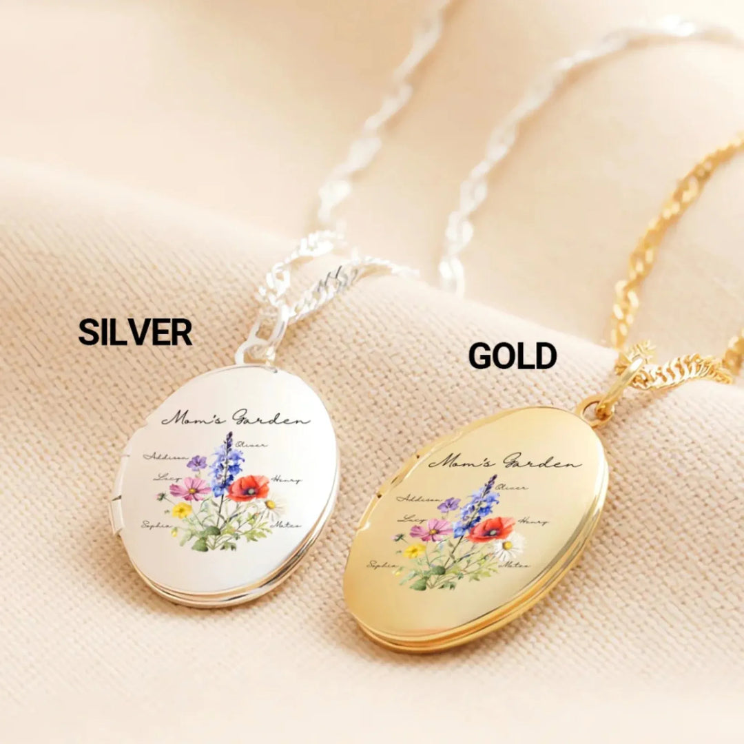 Custom-Birth-Month-Flower-Bouquet-Oval-Locket-Necklace-in-silver-and-gold-artfulane