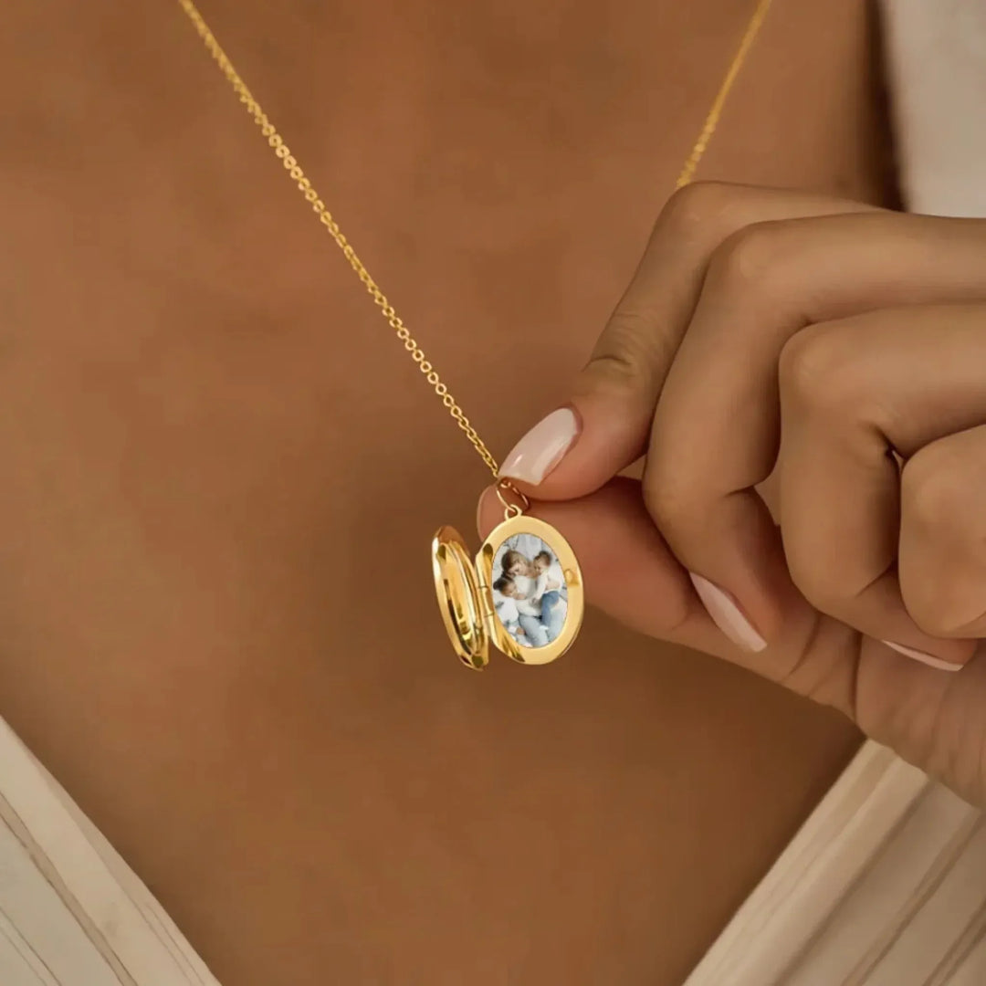 Custom-Birth-Month-Flower-Bouquet-Oval-Locket-Necklace-on-model-artfulane