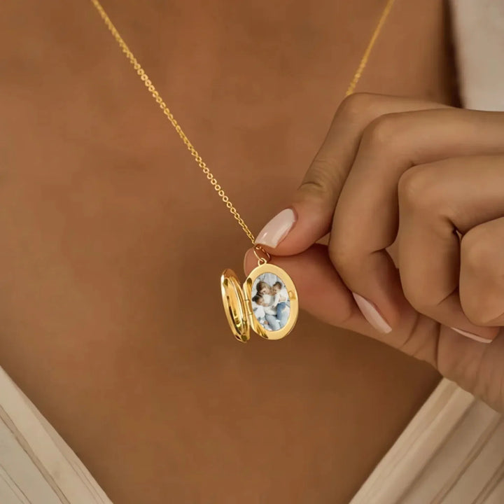 Custom-Birth-Month-Flower-Bouquet-Oval-Locket-Necklace-on-model-artfulane