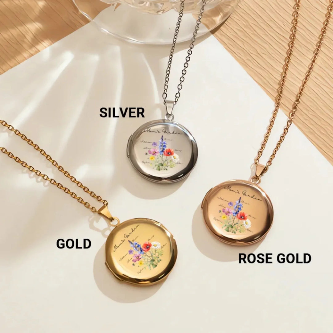 Custom-Birth-Month-Flower-Bouquet-Circle-Locket-Necklace-in-multiple-colors-artfulane
