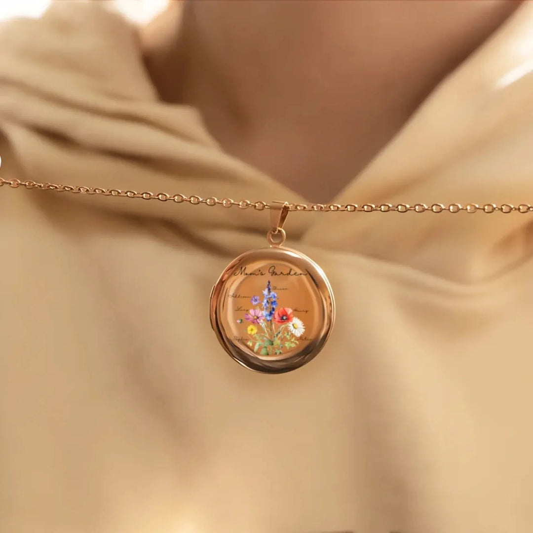 Custom-Birth-Month-Flower-Bouquet-Circle-Locket-Necklace-on-model-artfulane