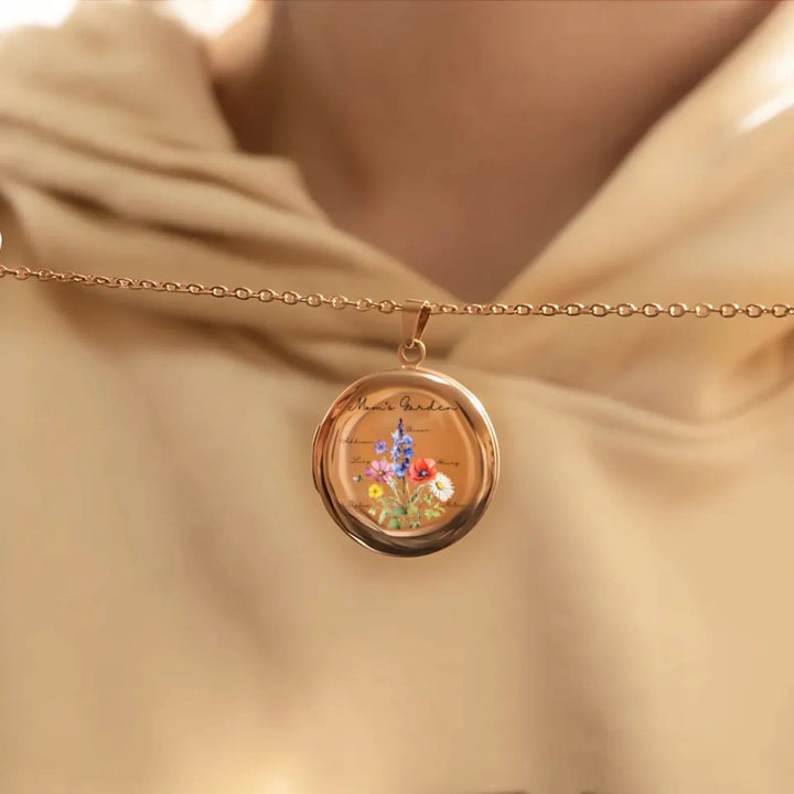 Custom-Birth-Month-Flower-Bouquet-Circle-Locket-Necklace-on-model-artfulane