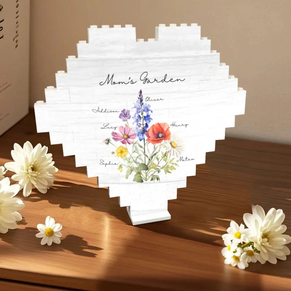 Custom-Birth-Month-Flower-Bouquet-Heart-Building-Brick-with-Stand-on-table-artfulane
