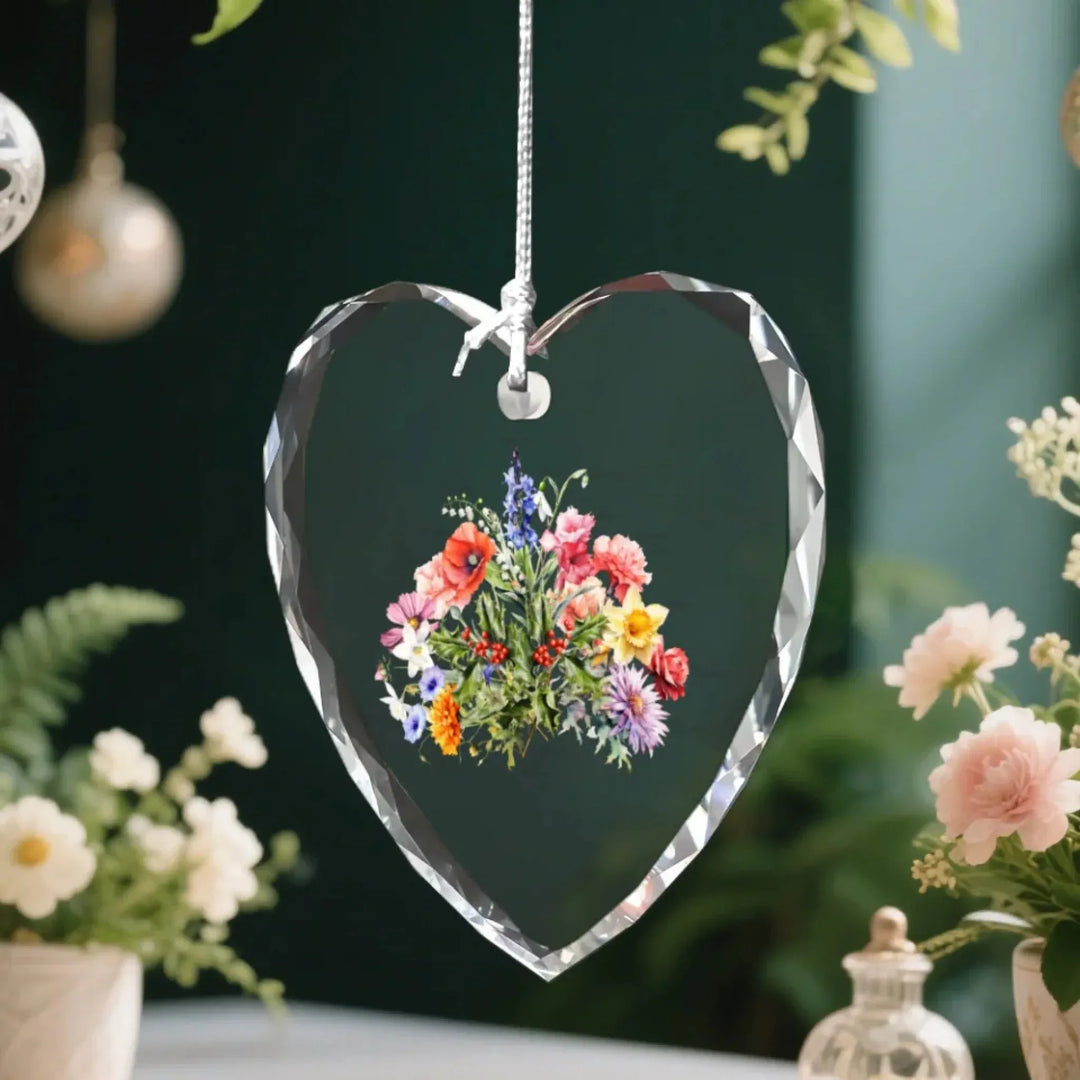 Custom-Birth-Month-Flower-Bouquet-heart-glass-ornamnent-wind-chime-side-view-artfulane