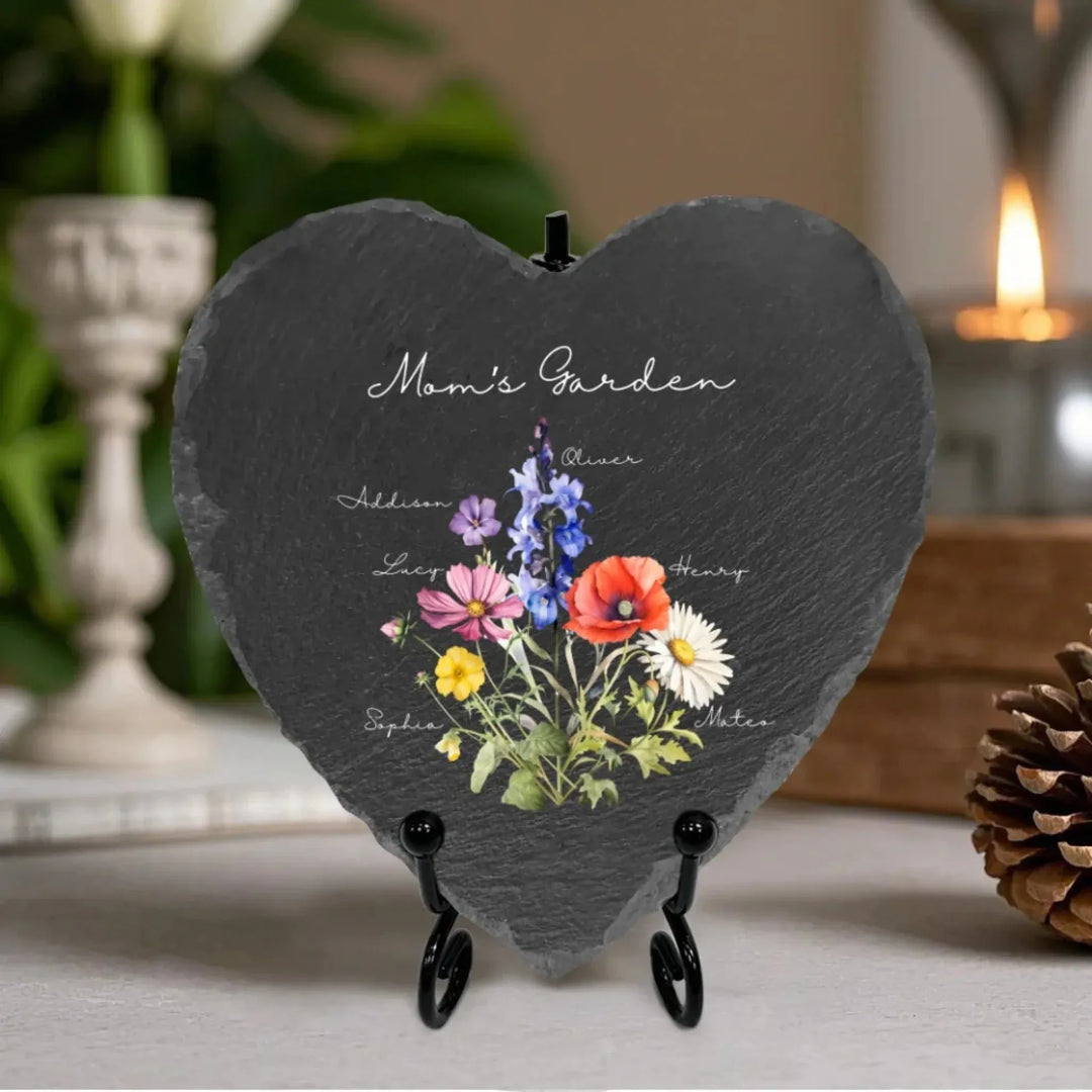Custom-Birth-Month-Flower-Bouquet-Heart-Memorial-Stones-with-Iron-Stand-front-view-artfulane
