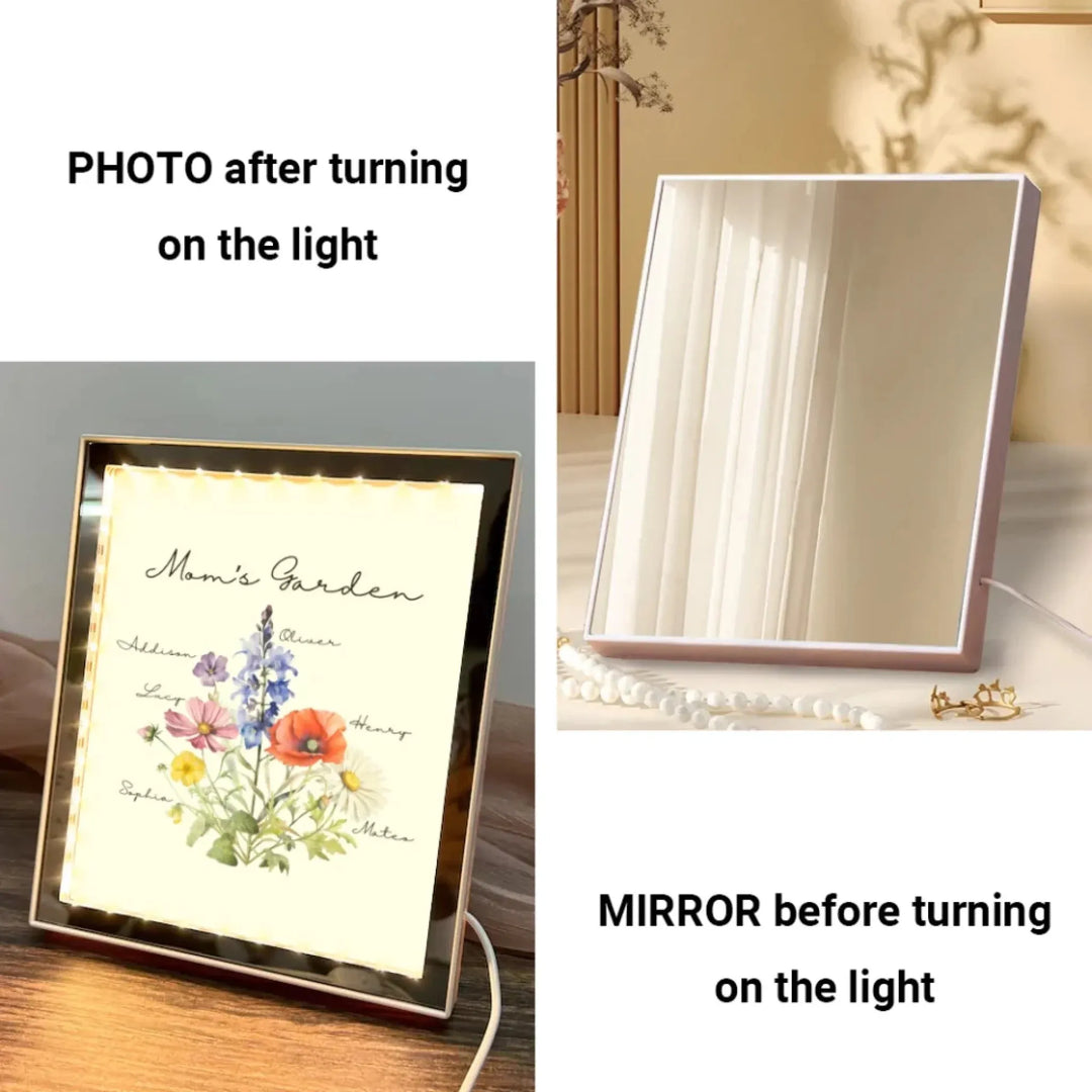 Custom-Birth-Month-Flower-Bouquet-LED-Mirror-Frame-Lamp-turning-on-light-arfulane