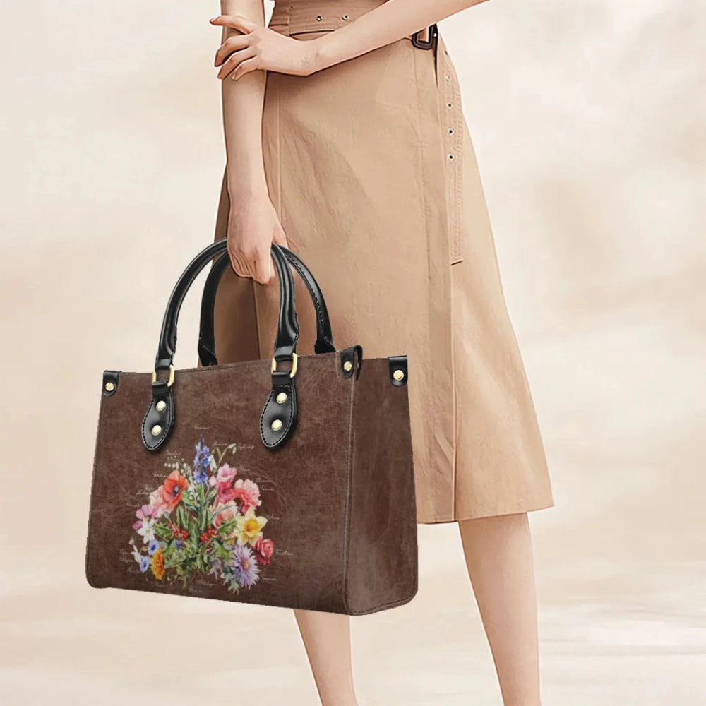 Custom-Birth-Month-Flower-Bouquet-top-grain-Leather-Handbag-on-model-artfulane