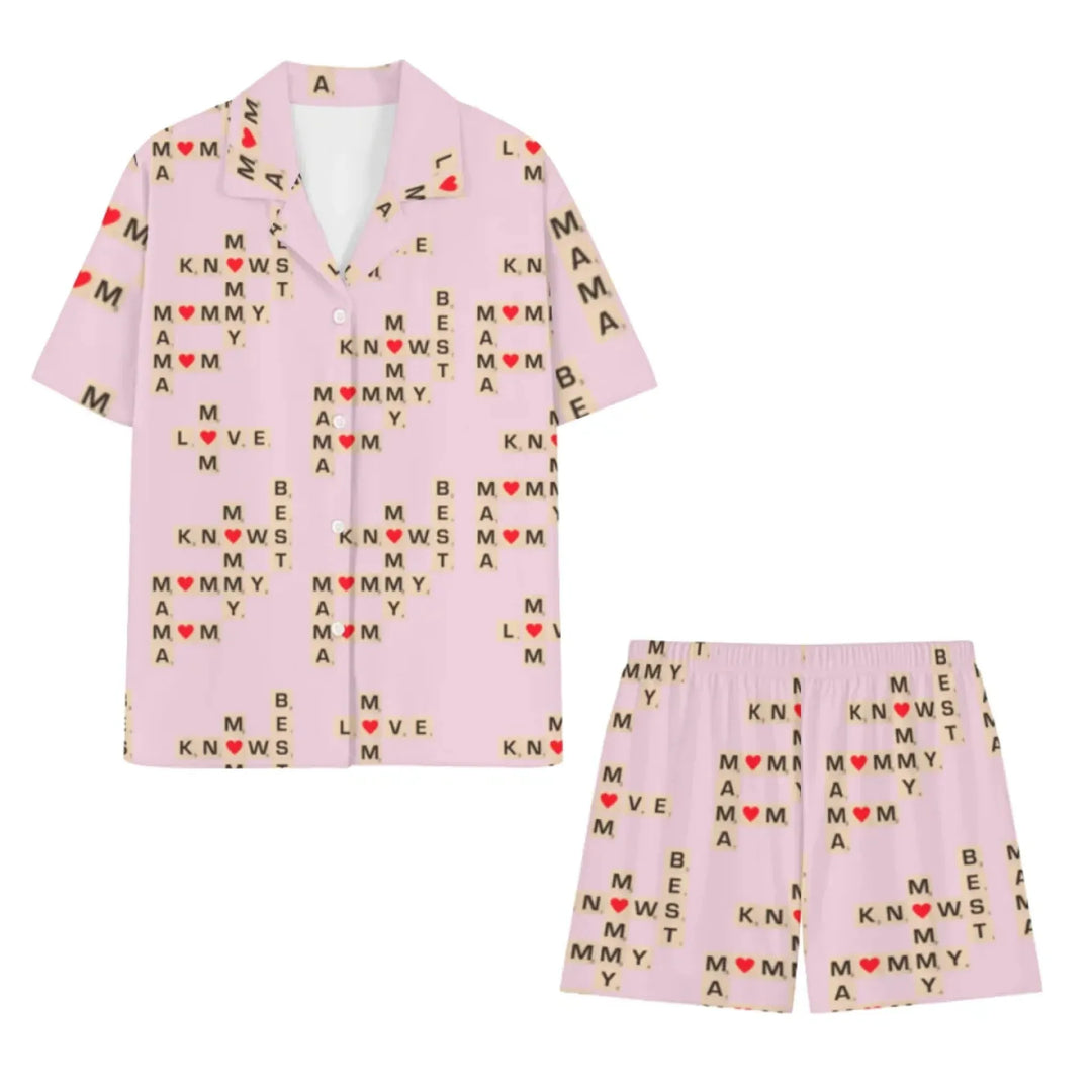 Women’s-Short-Sleeves-Pajama-Set-Mom-Knows-Best-Word-Tile-pink-top-and-bottom-artfulane
