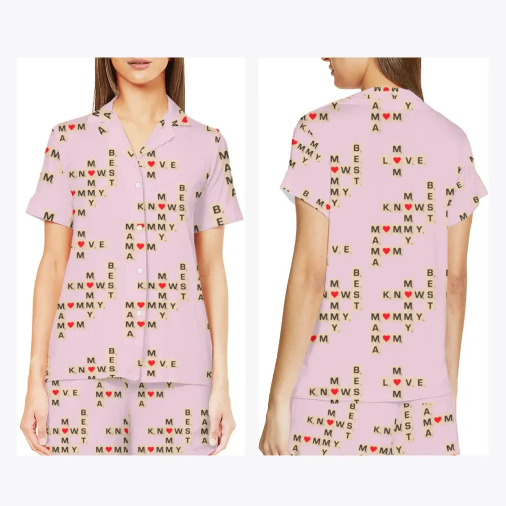 Women’s-Short-Sleeves-Pajama-Set-Mom-Knows-Best-Word-Tile-pink-artfulane