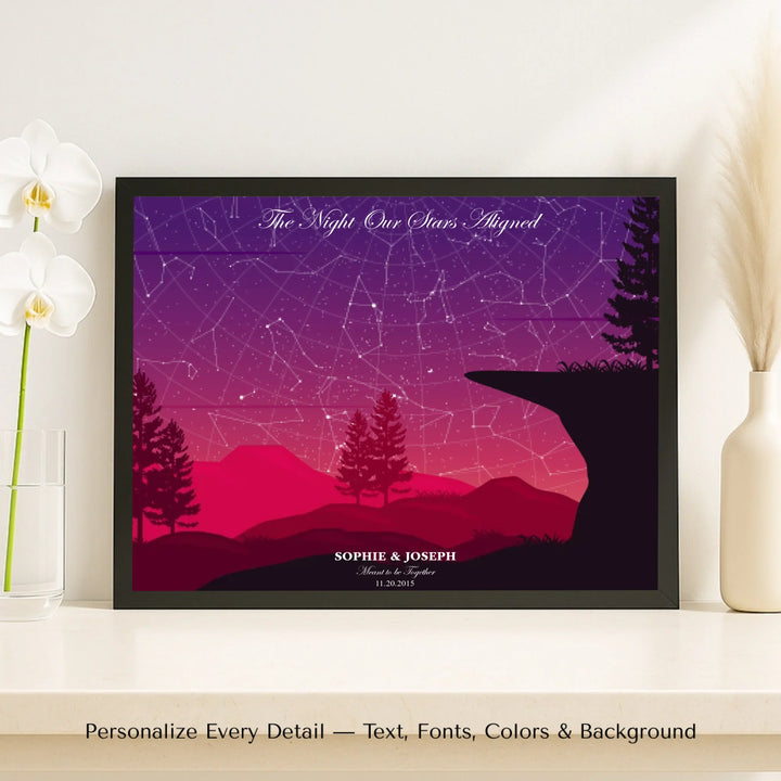 Arte mural personalizado: Mapa estelar con paisaje de acantilado carmesí