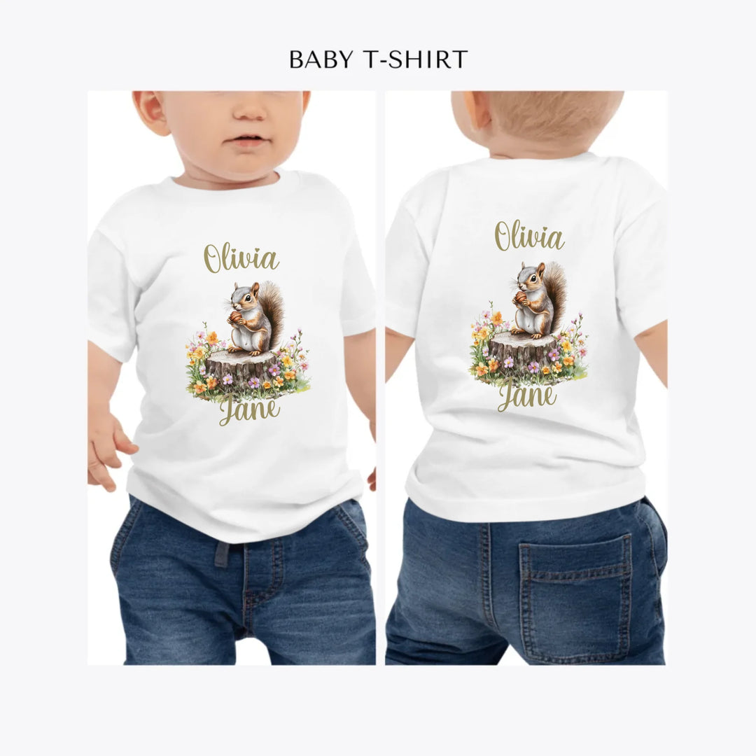 Spring-Squirrel-Garden-personalized-baby-t-shirt-artfulane