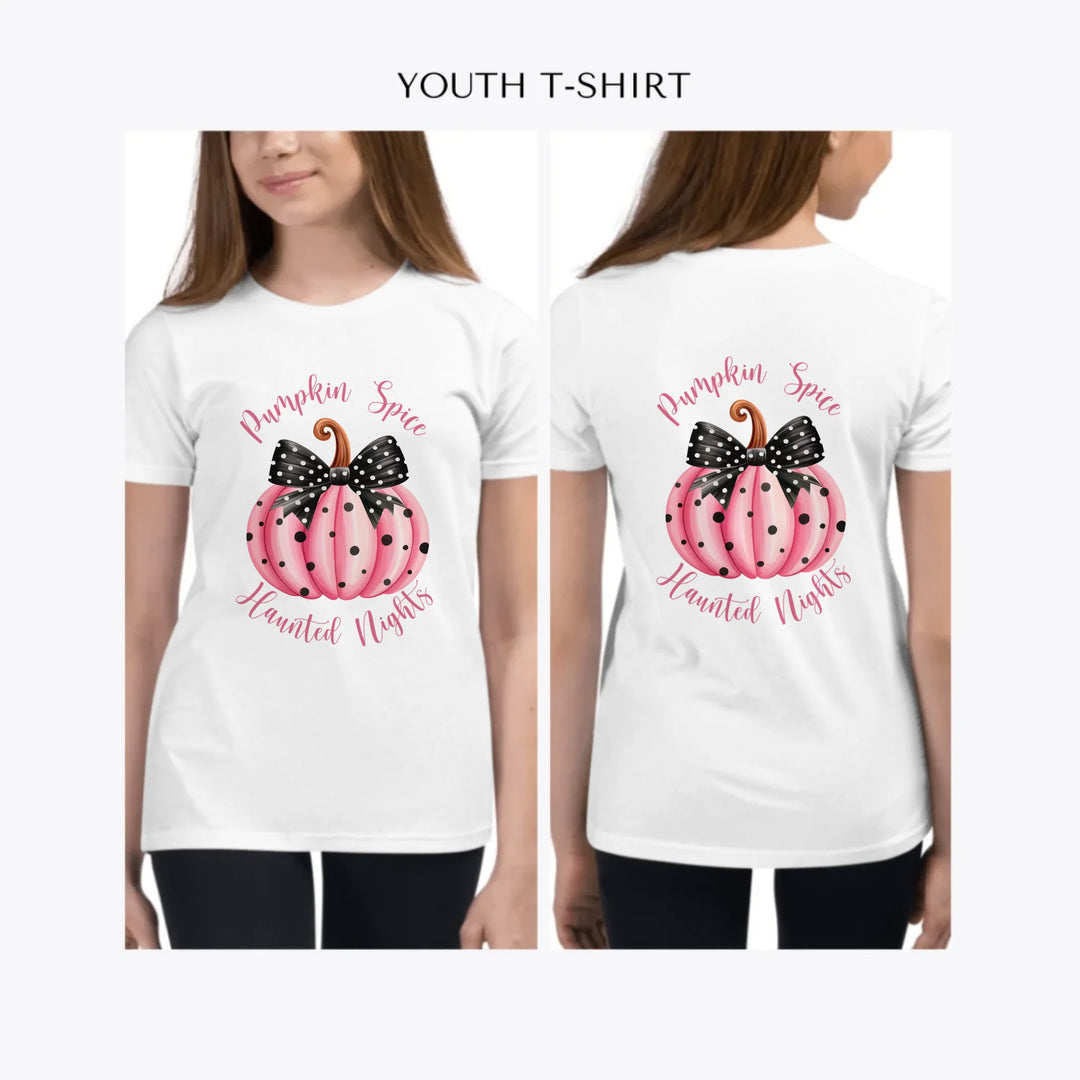 Pink-Halloween-Coquette-Bow-custom-youth-girl-t-shirt-artfulane