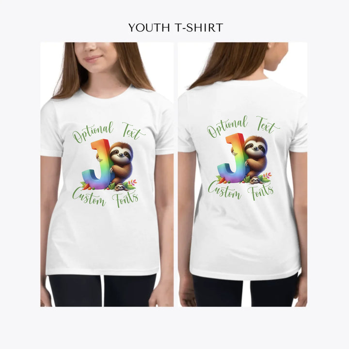 Rainbow-Letter-Initial-with-Sloth-custom-youth-girl-t-shirt-artfulane