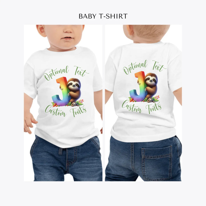 Rainbow-Letter-Initial-with-Sloth-personalized-baby-t-shirt-artfulane