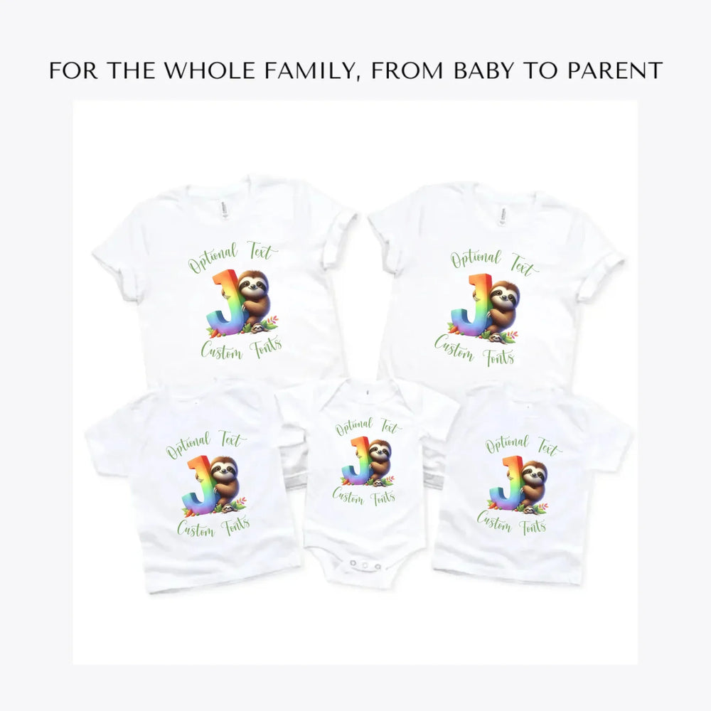 Rainbow-Letter-Initial-with-Sloth-custom-t-shirts-adult-youth-toddler-baby-sizes-artfulane