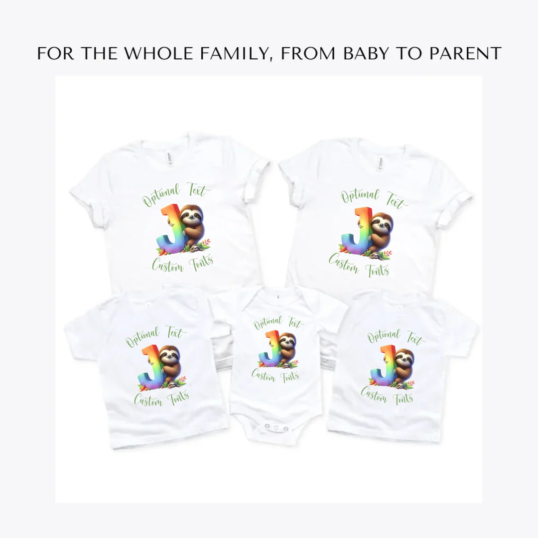 Rainbow-Letter-Initial-with-Sloth-custom-t-shirts-adult-youth-toddler-baby-sizes-artfulane