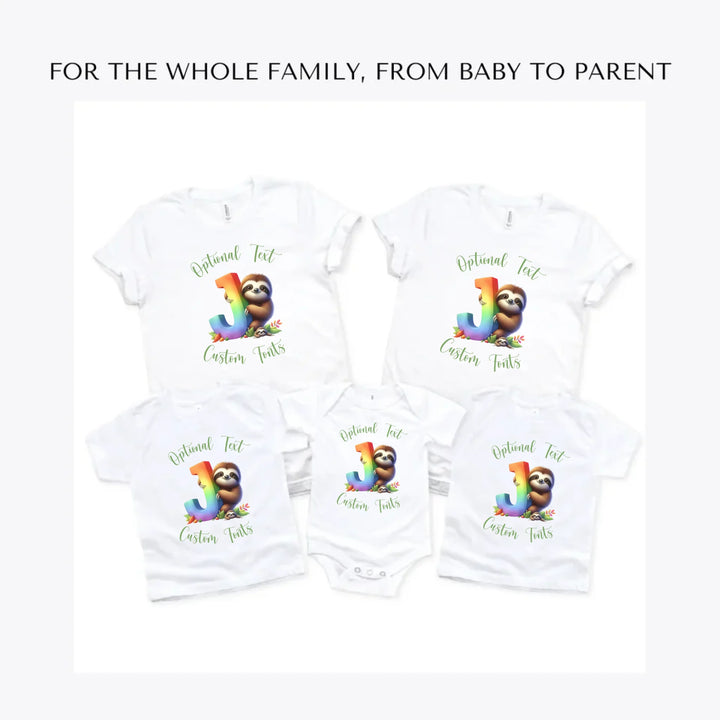Rainbow-Letter-Initial-with-Sloth-custom-t-shirts-adult-youth-toddler-baby-sizes-artfulane