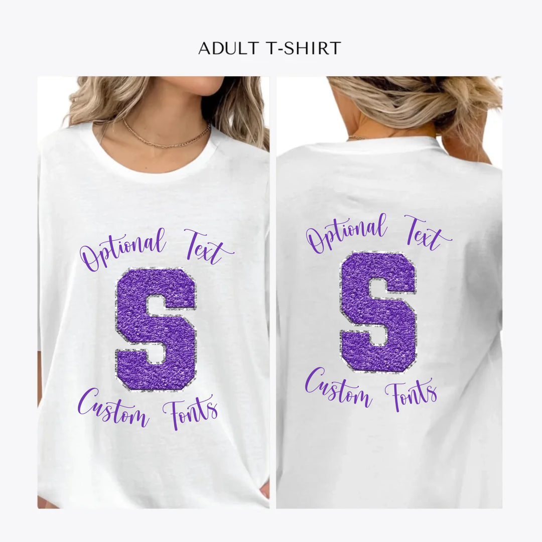 Faux-Chenille-Varsity-Letter-Initial- personalized-women-unisex-adult-t-shirt-artfulane