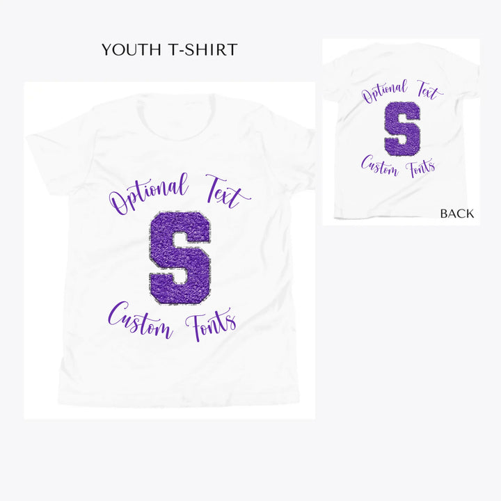 Faux-Chenille-Varsity-Letter-Initial- custom-youth-t-shirt-artfulane
