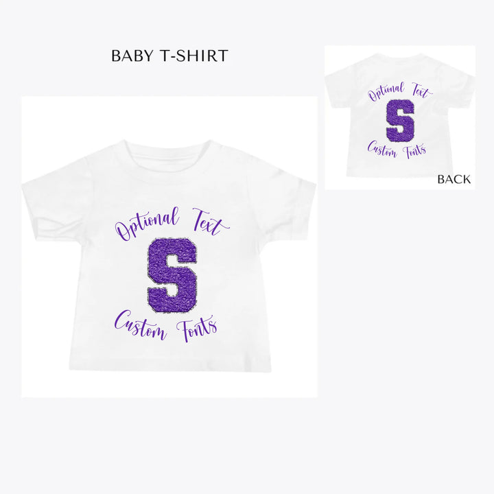 Faux-Chenille-Varsity-Letter-Initial- custom-baby-t-shirt-artfulane