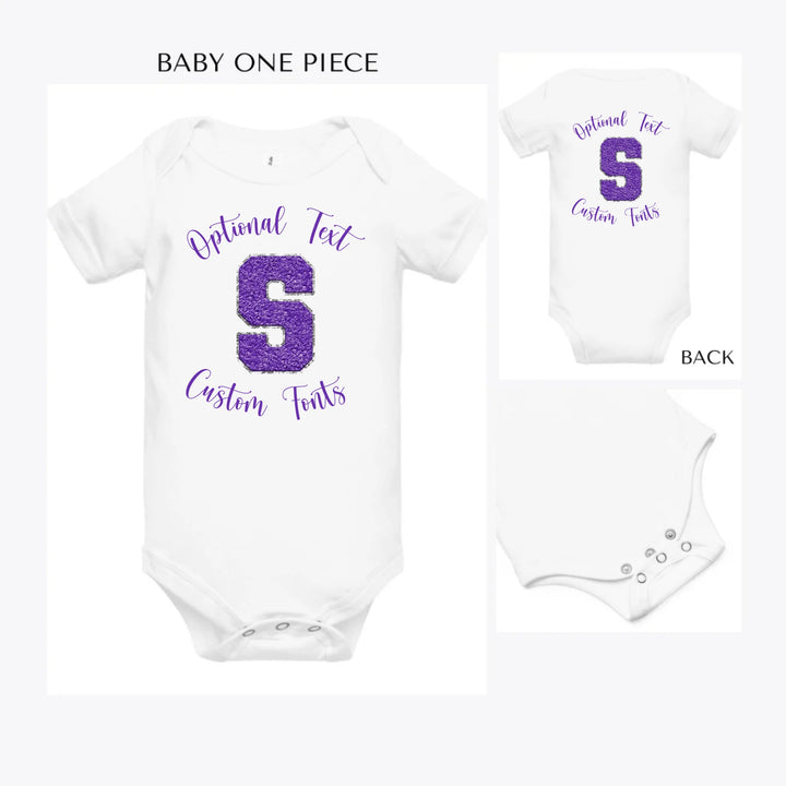 Faux-Chenille-Varsity-Letter-Initial- custom-baby-onesie-artfulane