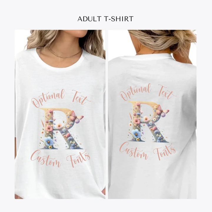 Watercolor-Wildflower-Letter-Initial-personalized-women-unisex-adult-t-shirt-artfulane
