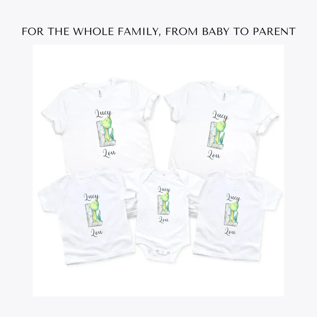 Watercolor-Dinosaur-Stone-Initial-custom-t-shirts-adult-youth-toddler-baby-sizes-artfulane
