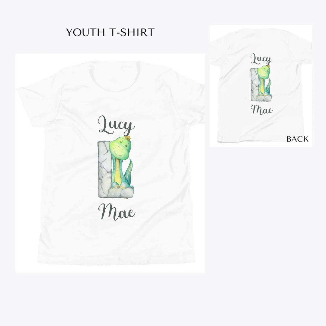 Watercolor-Dinosaur-Stone-Initial-custom-youth-t-shirt-artfulane