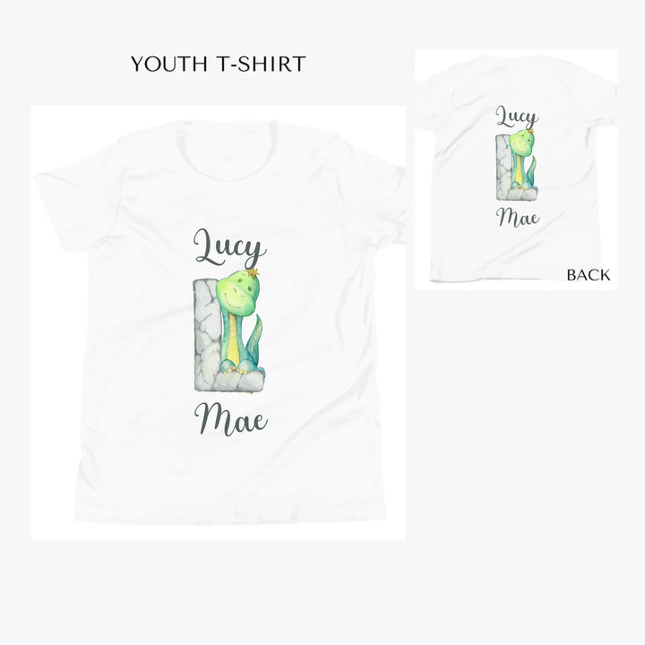 Watercolor-Dinosaur-Stone-Initial-custom-youth-t-shirt-artfulane