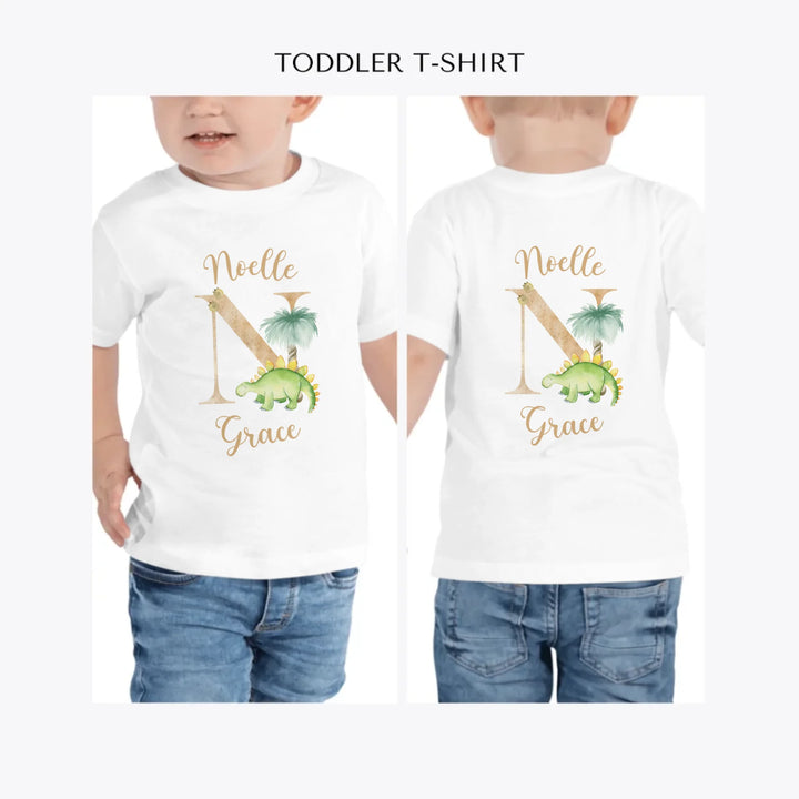 Watercolor-Dinosaur-Letter-personalized-toddler-t-shirt-artfulane