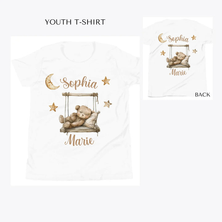 Brown-Teddy-Bear-on-Swing-custom-youth-t-shirt-artfulane