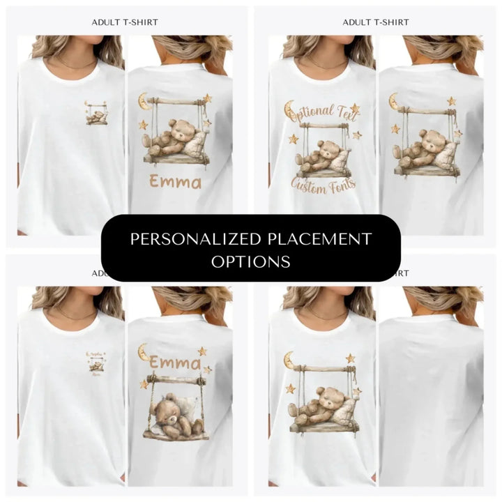 Brown-Teddy-Bear-on-Swing-custom-adult-t-shirt-design-placement-front-back-pocket-artfulane