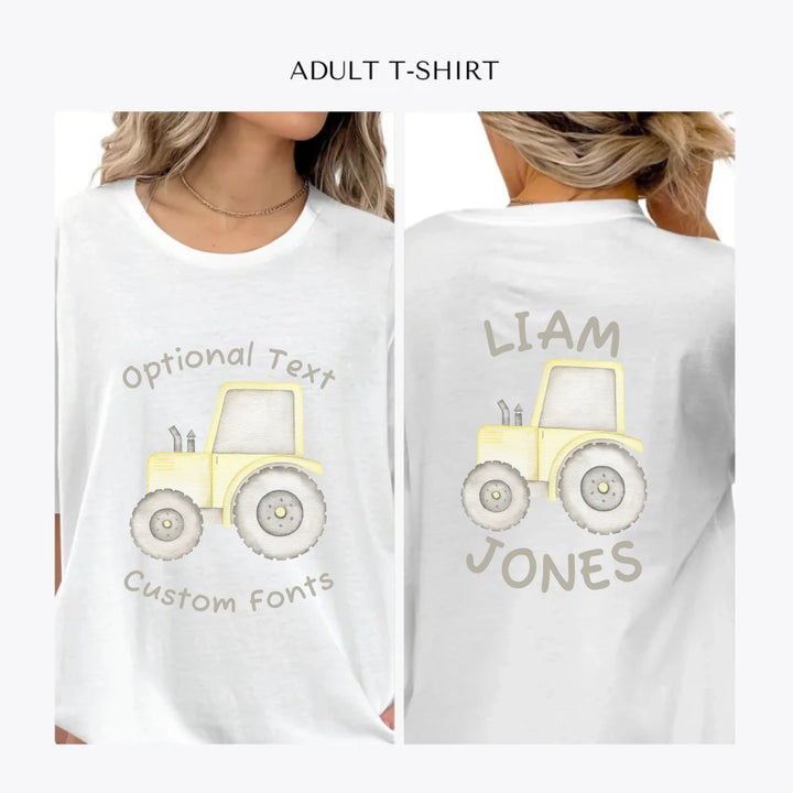 Watercolor-Yellow-Construction-Trucks-personalized-women-unisex-adult-t-shirt-artfulane