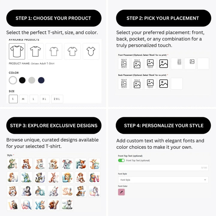 how-to-design-custom-Watercolor-Animal-Letter-t-shirt-personalization-options-artfulane