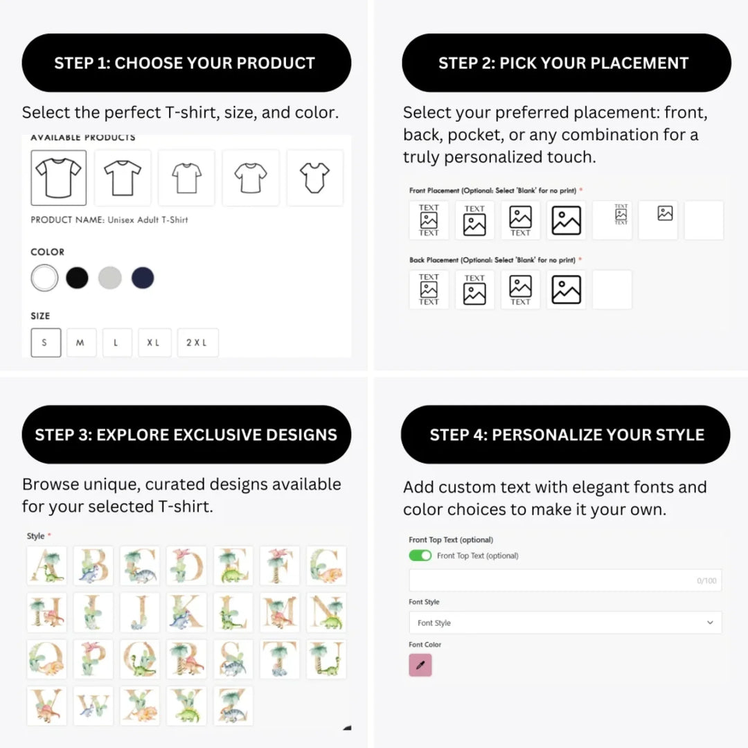 how-to-design-custom-Watercolor-Dinosaur-Letter-t-shirt-personalization-options-artfulane