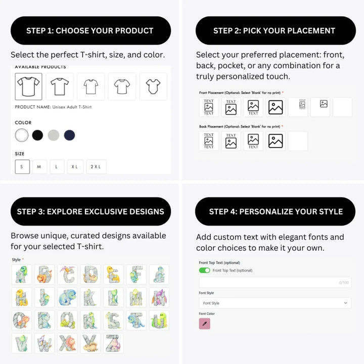 how-to-design-custom-Watercolor-Dinosaur-Stone-Initial-t-shirt-personalization-options-artfulane
