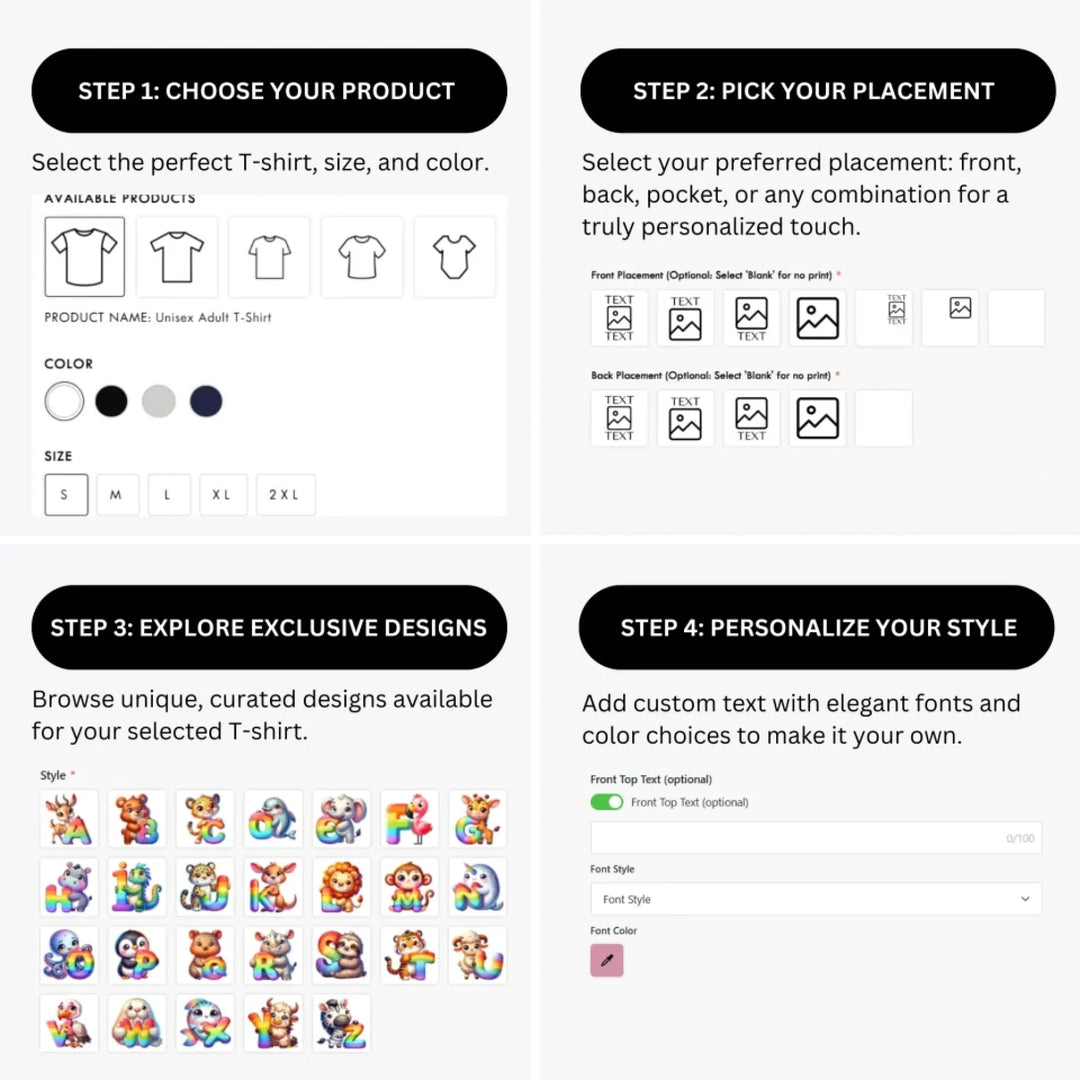 how-to-design-custom-Animal-Rainbow-Letter-t-shirt-personalization-options-artfulane