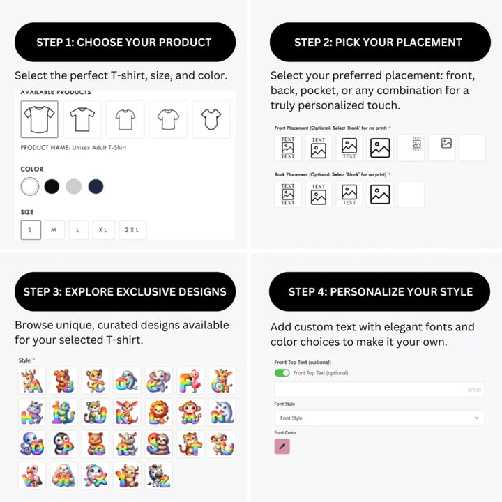 how-to-design-custom-Animal-Rainbow-Letter-t-shirt-personalization-options-artfulane