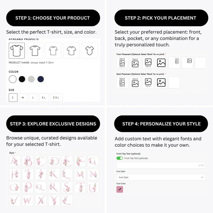 how-to-design-custom-Pink-Lily-Initial-t-shirt-personalization-options-artfulane