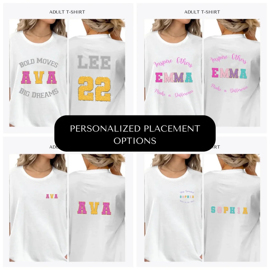 Faux-Chenille-Sport-Letters-Name-custom-adult-t-shirt-design-placement-front-back-pocket-artfulane