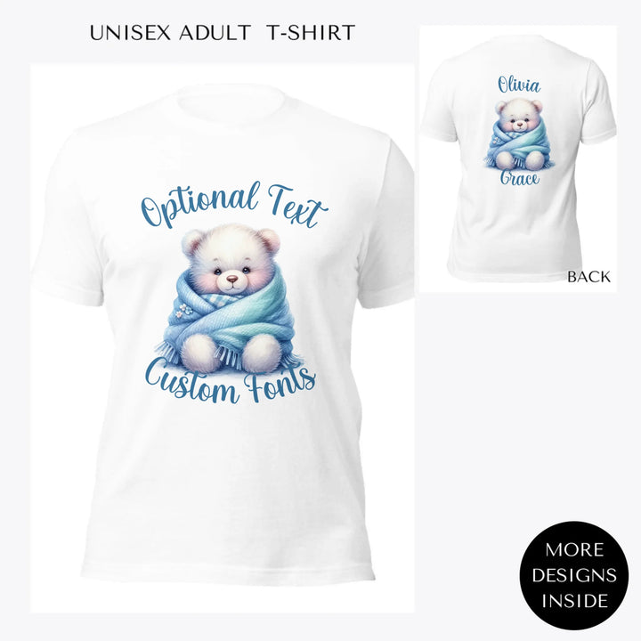 Watercolor-Teddy-Bear-in-Blue-Blanket-custom-women-unisex-adult-t-shirt-artfulane