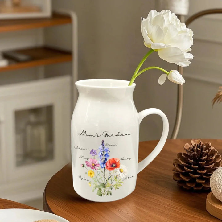 Custom-Birth-Month-Flower-Bouquet-Ceramic-Flower-Vase-on-table-artfulane