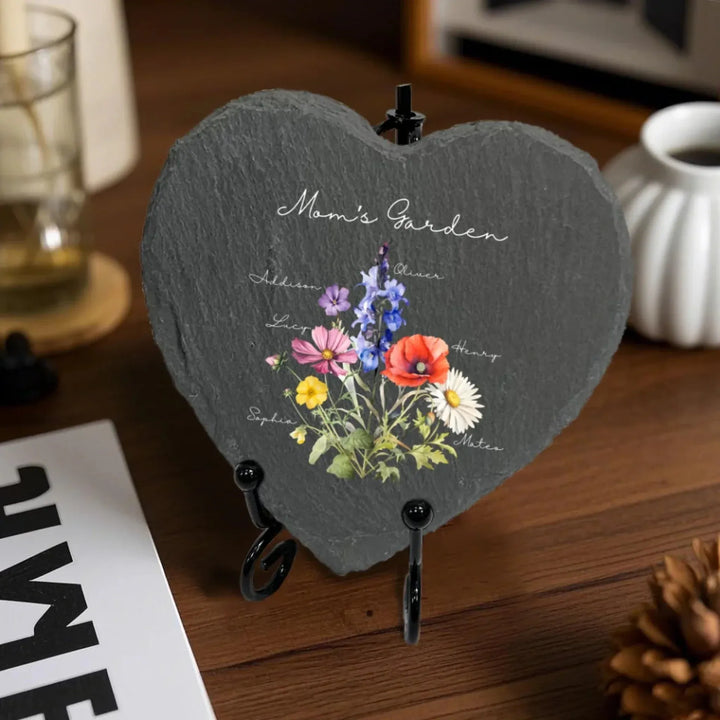 Custom-Birth-Month-Flower-Bouquet-Heart-Memorial-Stones-with-Iron-Stand-on-the-table-artfulane