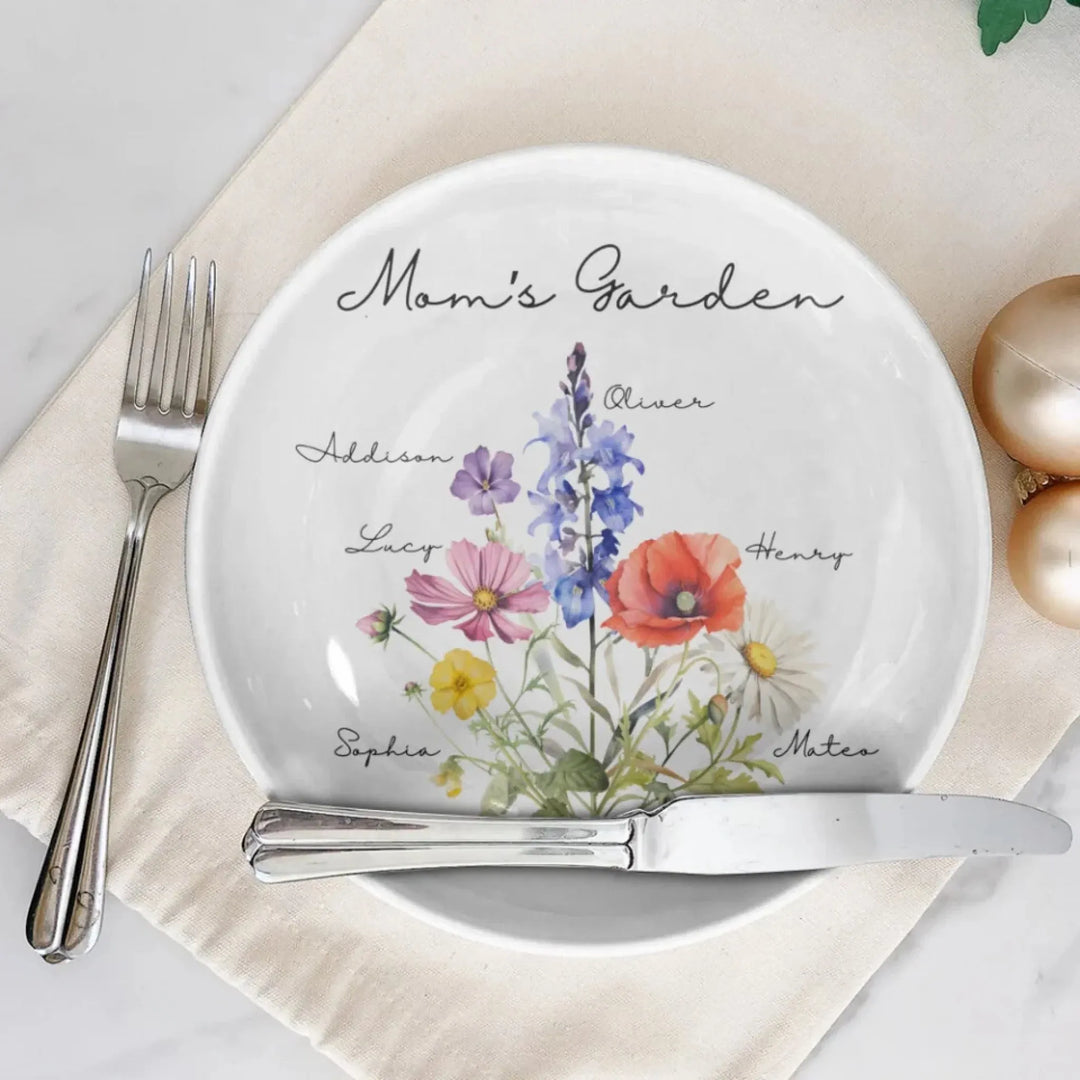 Custom-Birth-Flower-Bouquet-Ceramic-Round-Plate-with-Stand-usage-artfulane