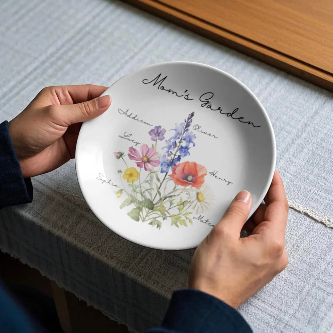 Custom-Birth-Flower-Bouquet-Ceramic-Round-Plate-with-Stand-scenario-artfulane